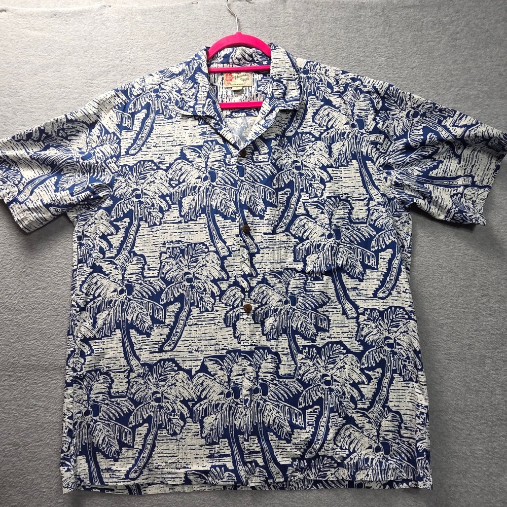 Hilo Hattie Mens Extra Large Blue White Palm Tree Hawaiian Shirt Made in‎ Hawaii